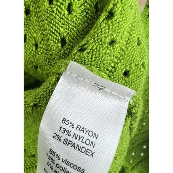 Chico's Cardigan 2 US Large 3/4 Sleeve Lime Green Open Crochet Hook Eye Sweater - Picture 4 of 6